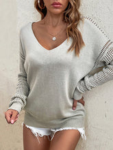 Loose Long-Sleeve Solid Color Hollow V-Neck Sweater